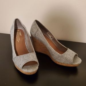 Blue and tan Tom's Wedges
